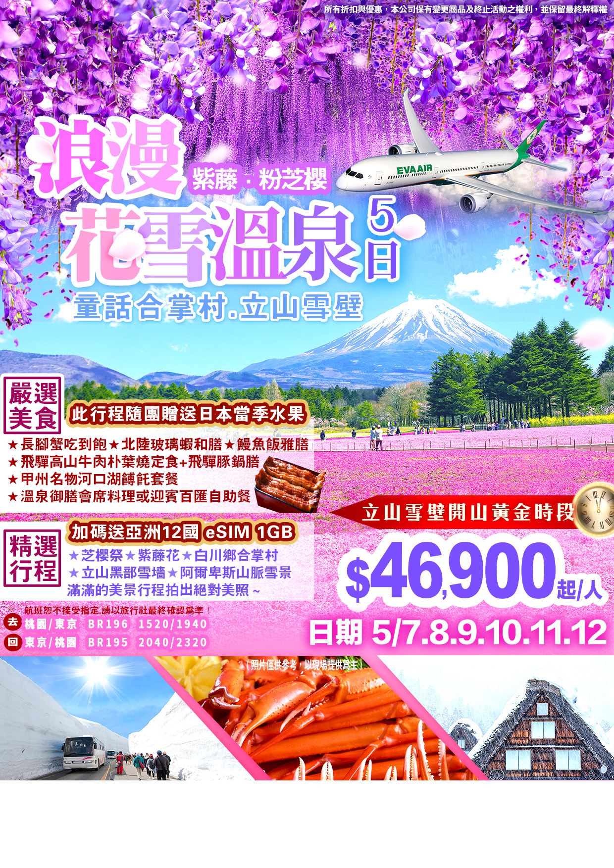 J12:立山雪壁,童話合掌村,浪漫紫藤粉芝櫻,花雪温泉美簾五日