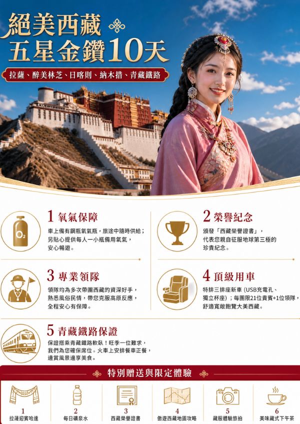 C1(2027):絕美西藏-拉薩、醉美林芝、日喀則、納木措、羊卓雍措 (兩大聖湖).青藏鐵路五星金鑽10天(無購物、無自費)（自由行）
